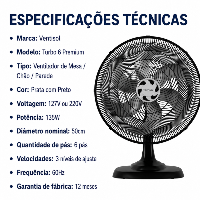 Ventilador de Mesa Turbo 6 Pás 50cm Preto 135W - Ventisol