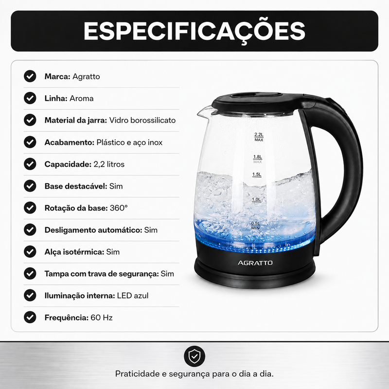 Chaleira Elétrica Aroma Vidro 2,2 Litros - Agratto