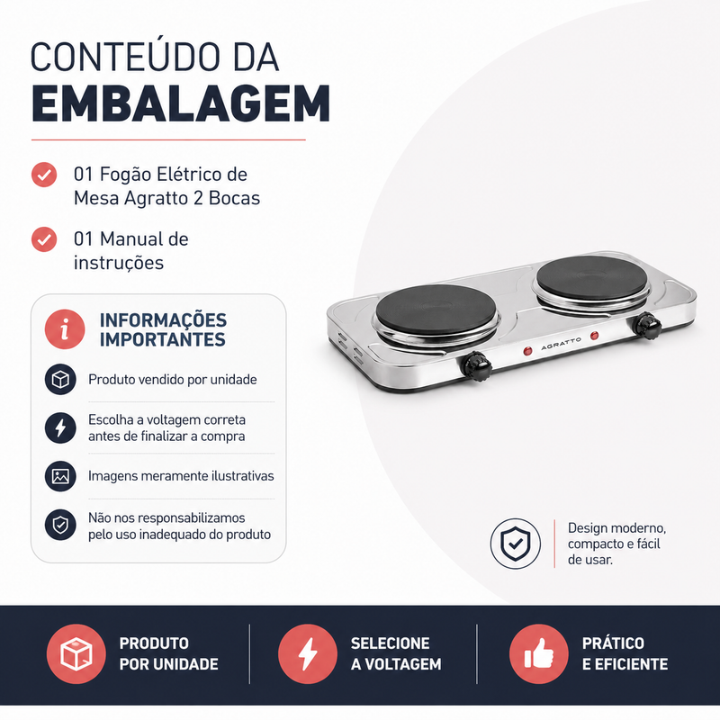 Fogão Elétrico de Mesa 2 Bocas Inox - Agratto