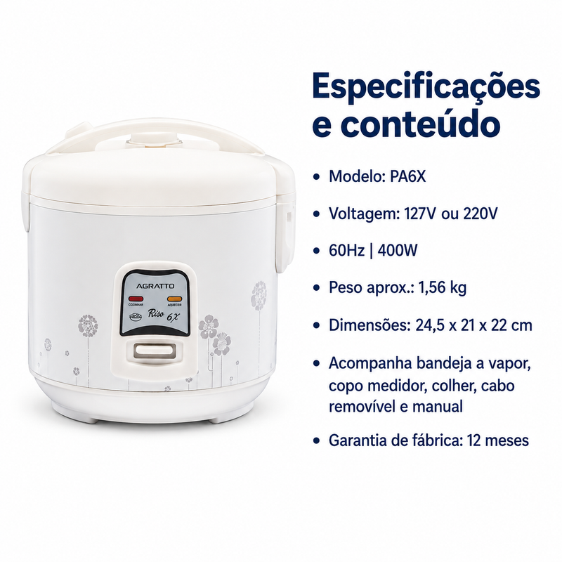Panela Elétrica de Arroz Agratto Riso 6 Xícaras