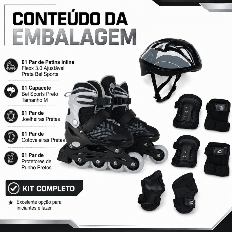Kit Patins Inline Flexx 3.0 Prata + Proteção Completa Preta M - Bel Sports