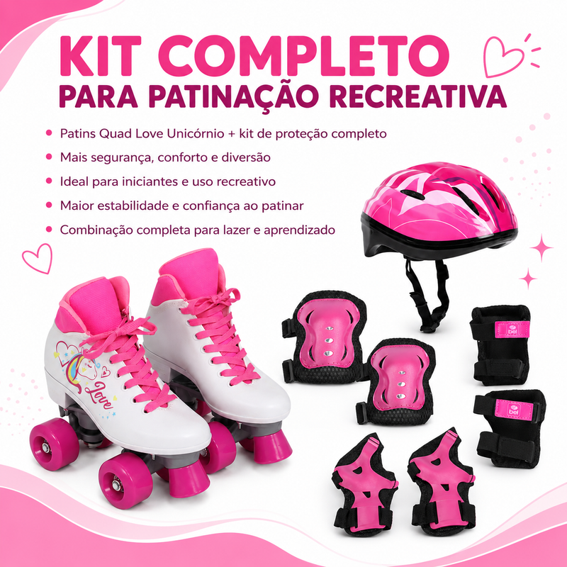 Kit Patins Quad Love Unicornio + Proteção completa Rosa M - Bel Sports