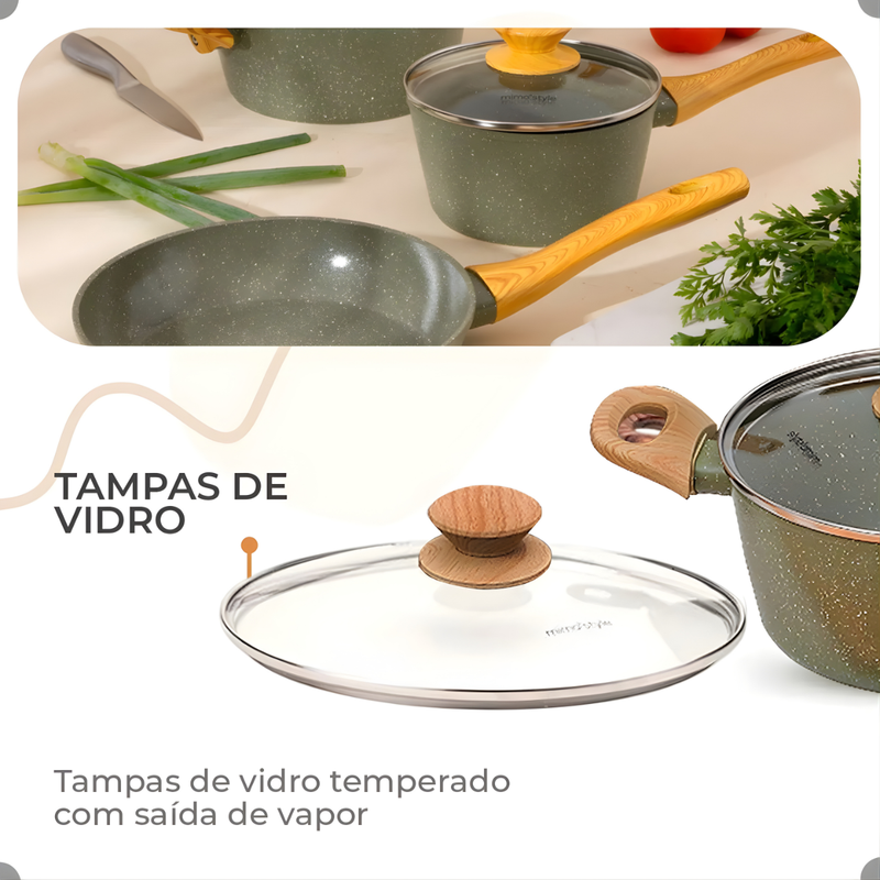 Kit Cozinha 14 pçs Panelas Style Cook Vertur + Facas Inox Gold - Mimo Style
