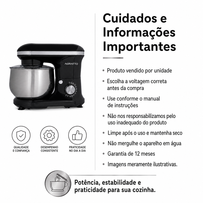 Batedeira Planetária Supremma 5L 700W Preta - Agratto