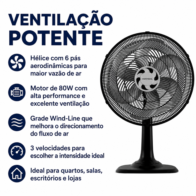 Ventilador de Mesa Turbo 6 Pás 40cm Preto 80W - Ventisol