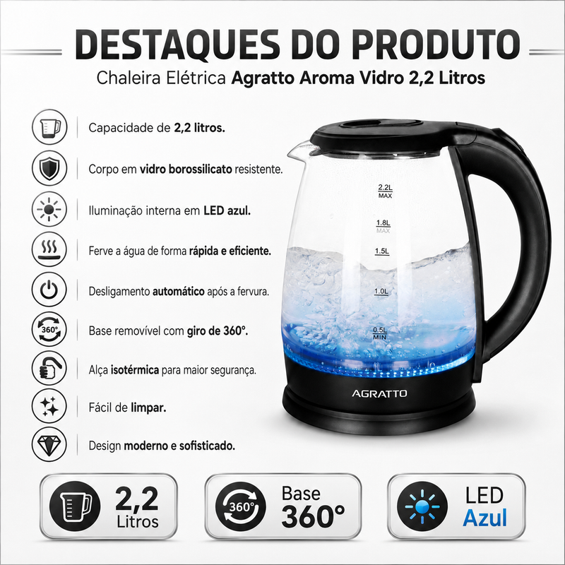 Chaleira Elétrica Aroma Vidro 2,2 Litros - Agratto