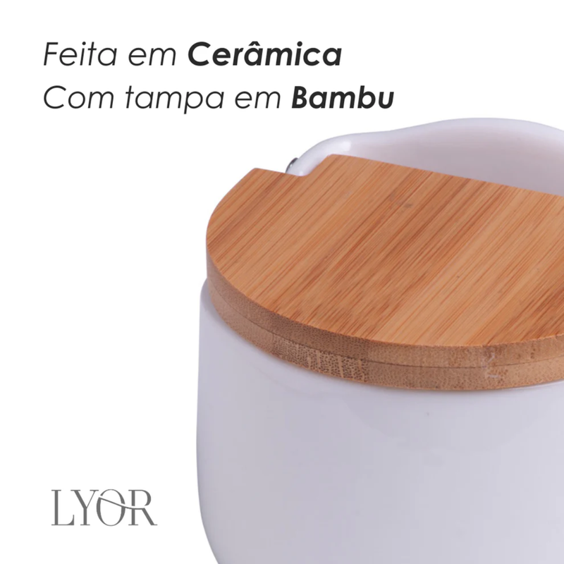 Saleiro Cerâmica com Tampa de Bambu e Colher Bianco - Lyor