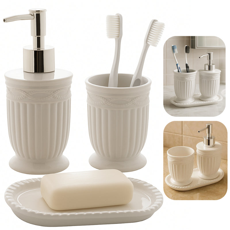 Conjunto Banheiro 3 Peças de Cerâmica Greece Branco e Prata - Lyor