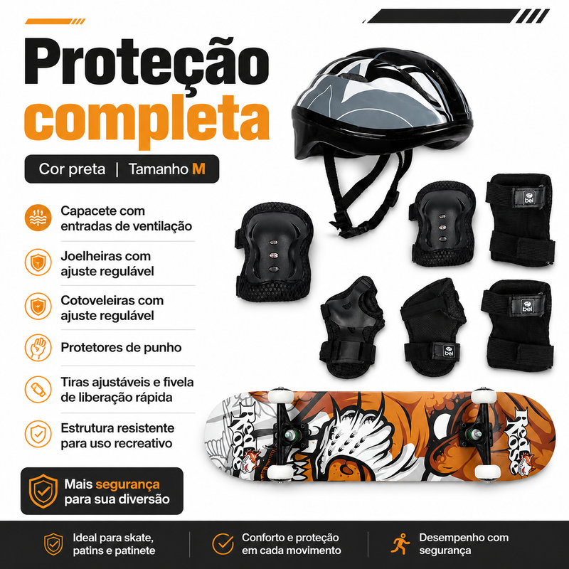 Kit Skate Pro Red Nose + Kit de Proteção Preto Tamanho M - Bel Sports
