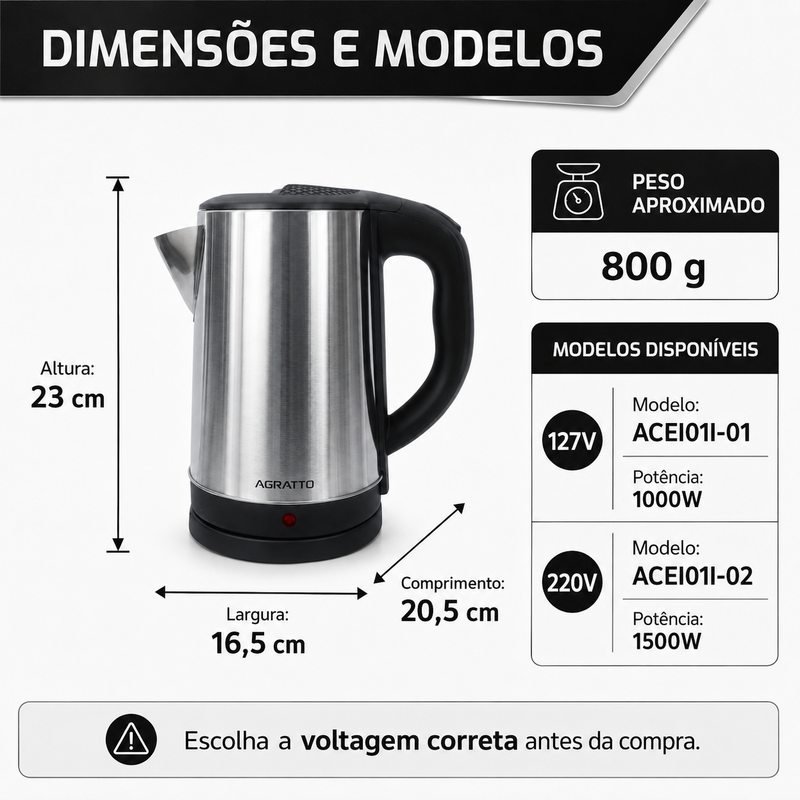 Chaleira Elétrica Aroma Inox 2,2 Litros - Agratto