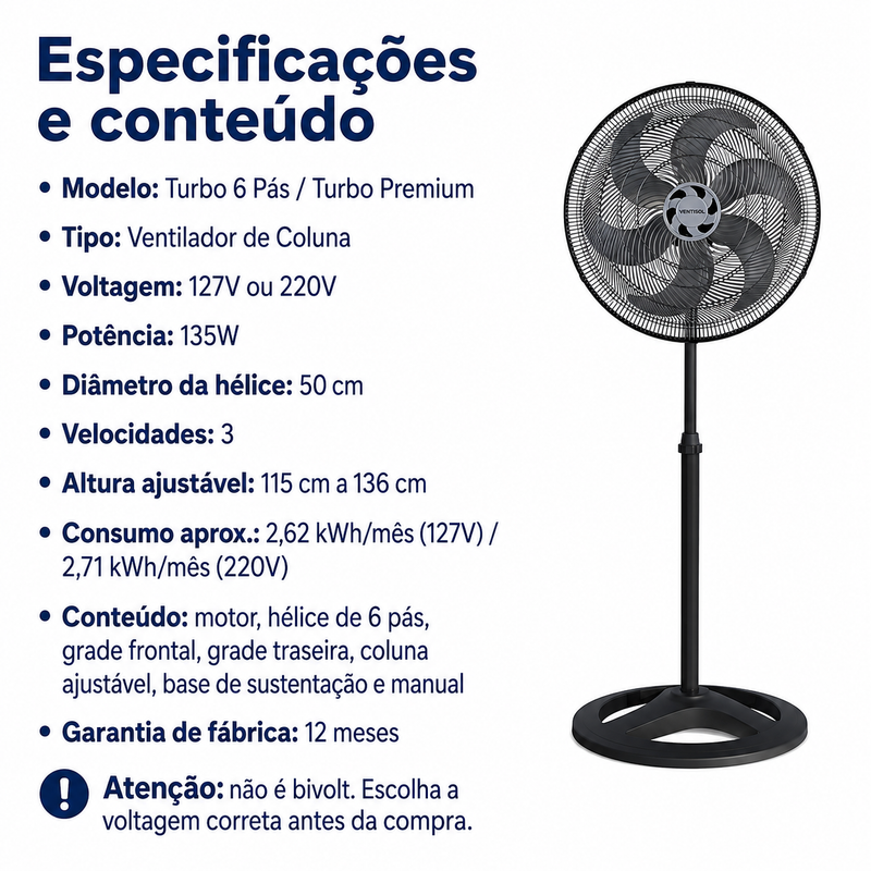 Ventilador de Coluna Turbo 6 Pás 50cm Preto 127V/220V - Ventisol