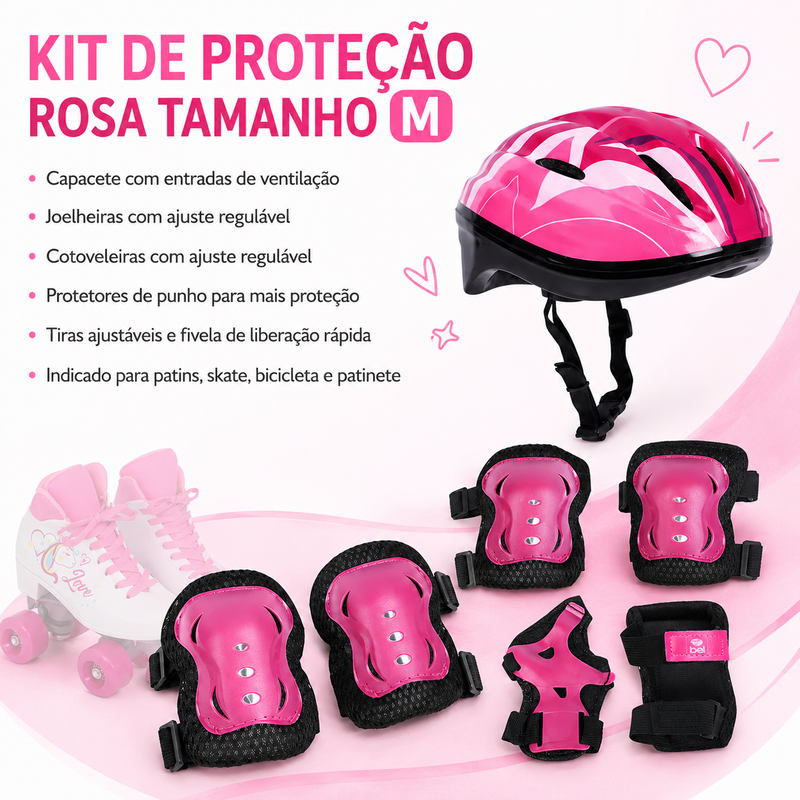 Kit Patins Quad Love Unicornio + Proteção completa Rosa M - Bel Sports