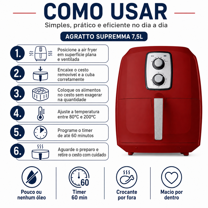 Fritadeira Air Fryer Supremma 7,5L Mecânica - Agratto