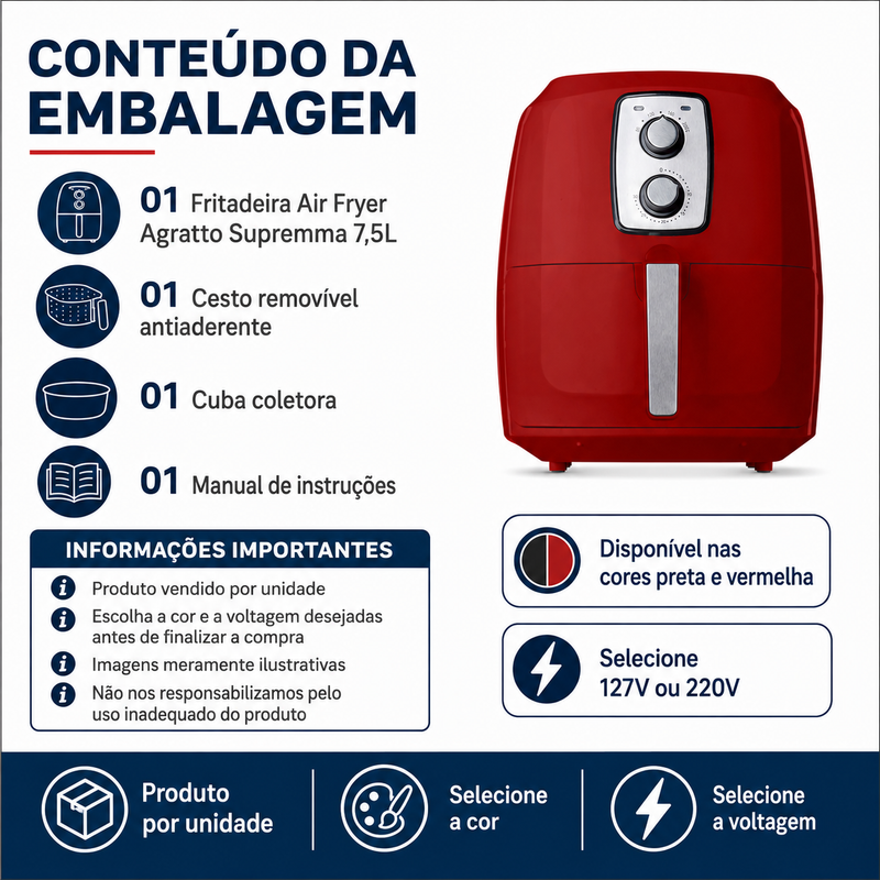 Fritadeira Air Fryer Supremma 7,5L Mecânica - Agratto