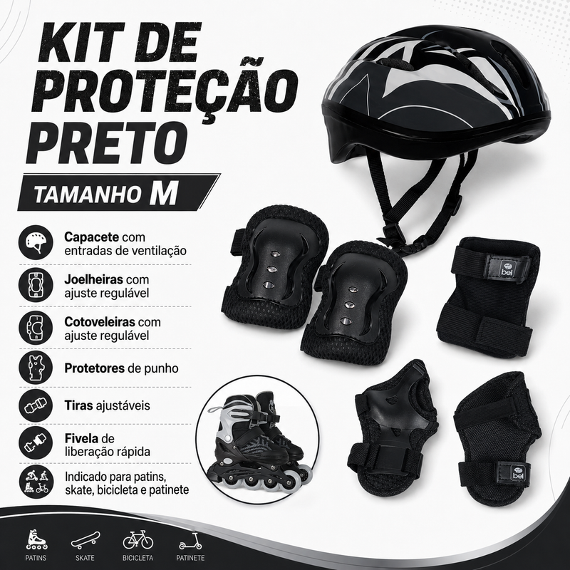 Kit Patins Inline Flexx 3.0 Prata + Proteção Completa Preta M - Bel Sports