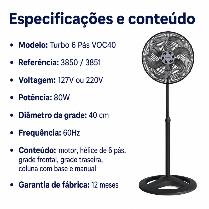 Ventilador de Coluna Turbo 6 Pás 40cm Preto 127V/220V – Ventisol
