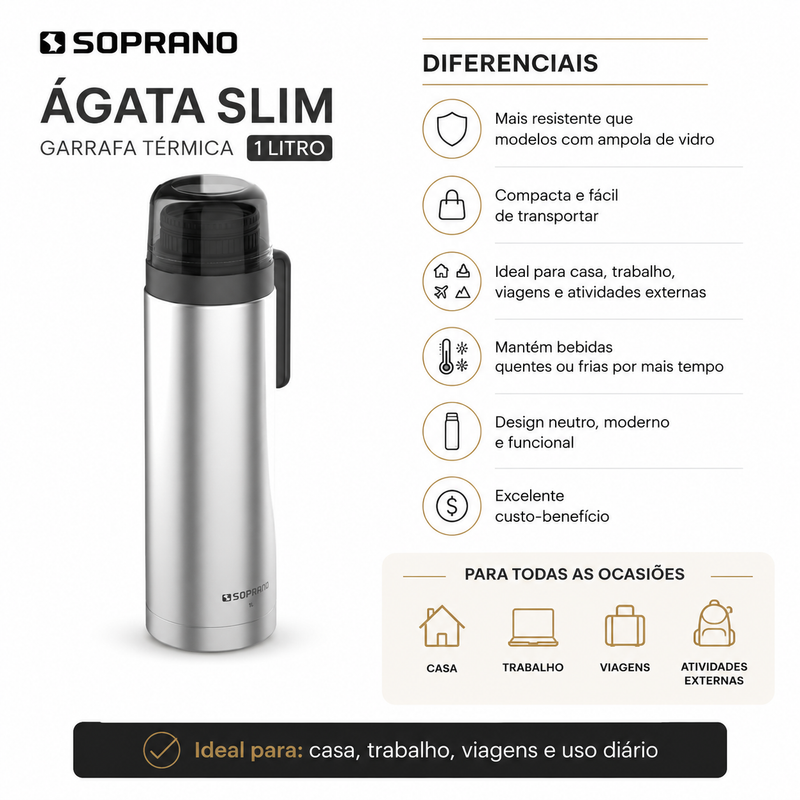 Garrafa Térmica Ágata Slim 1L Inox - Soprano