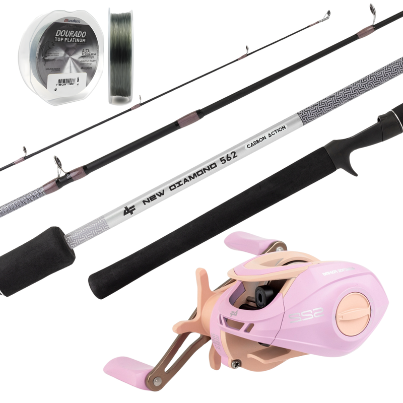 Kit Vara New Diamond 1,50m + Carretilha S22 Rosa Esquerda e Linha mono