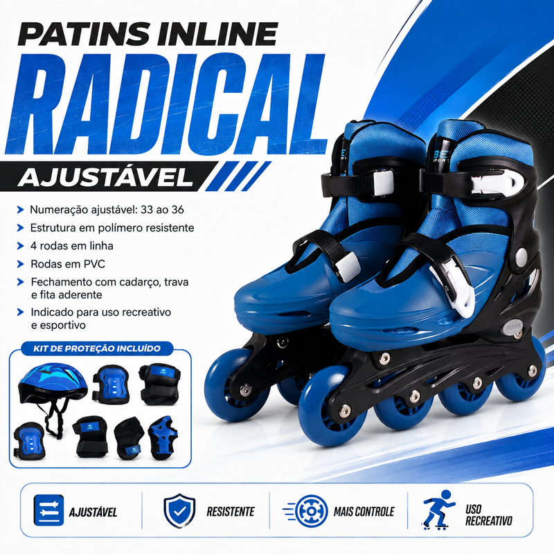 Kit Patins Inline Radical Ajustavel Azul + Proteção Completa Azul M - Bel Sports