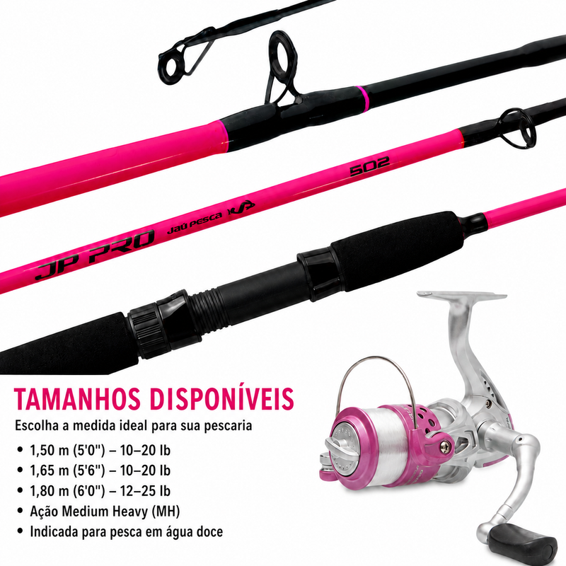 Kit ML Vara Molinete JP PRO 10-20lbs / 12-25lbs Rosa + Molinete Magnum Plus Lady 3000 3 Rolamentos - Jaú Pesca