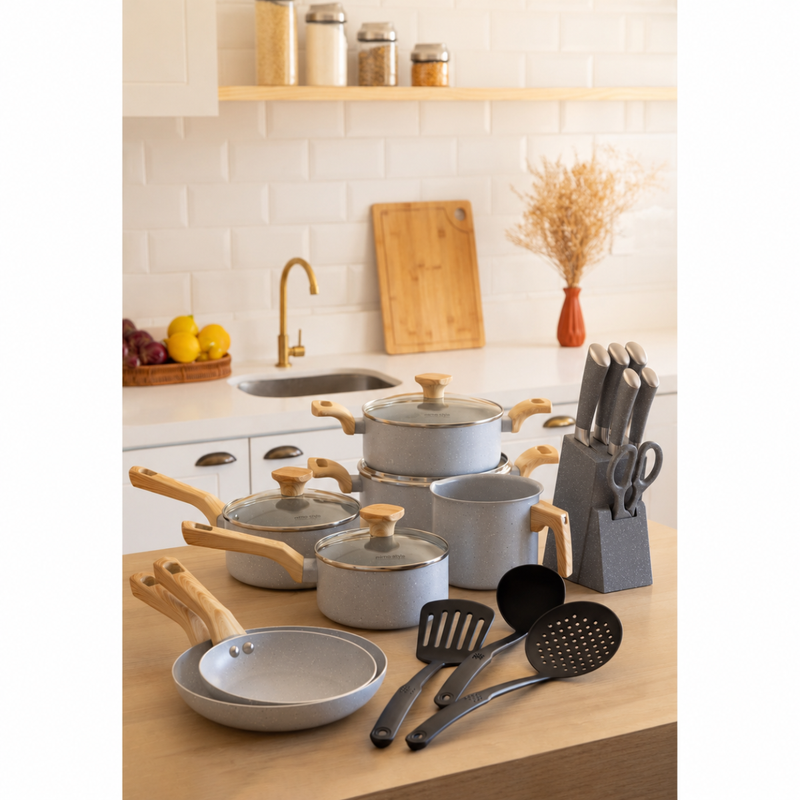 Kit 16pçs Jogo de Panelas Pratic Cook Grafito + Jogo de Faca com Cepo Organizador - Mimo Style