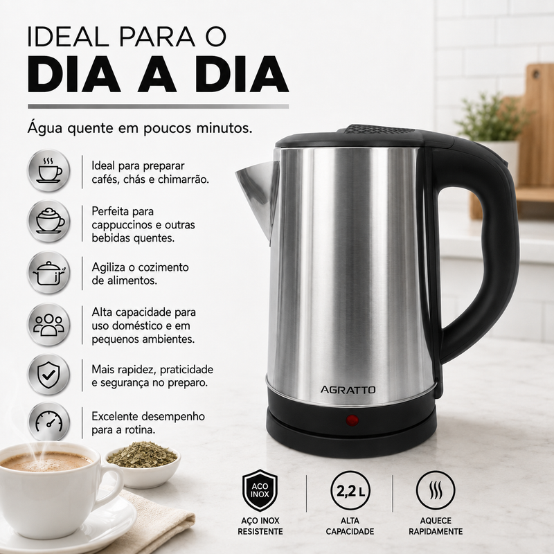 Chaleira Elétrica Aroma Inox 2,2 Litros - Agratto