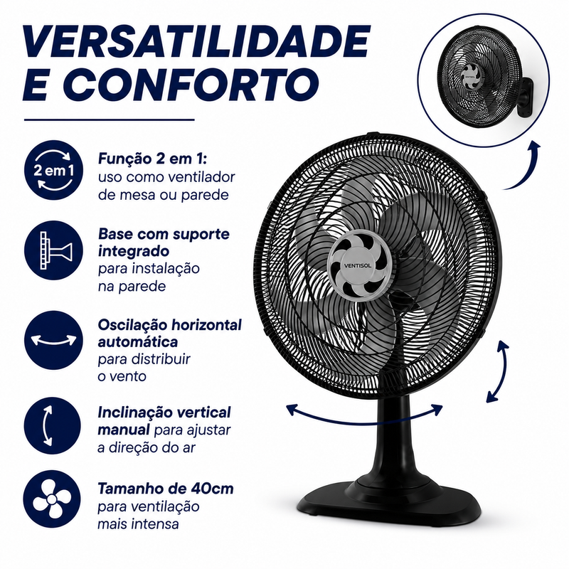 Ventilador de Mesa Turbo 6 Pás 40cm Preto 80W - Ventisol