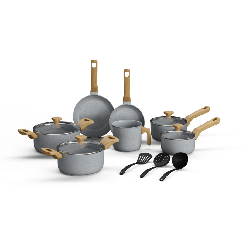 Kit 16pçs Jogo de Panelas Pratic Cook Grafito + Jogo de Faca com Cepo Organizador - Mimo Style