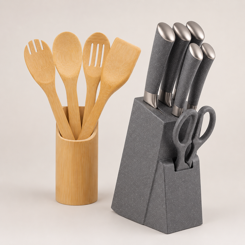 Kit 11pçs Jogo de Facas com Cepo Organizador+ Utensílios Eco Kitchen - Mimo Style