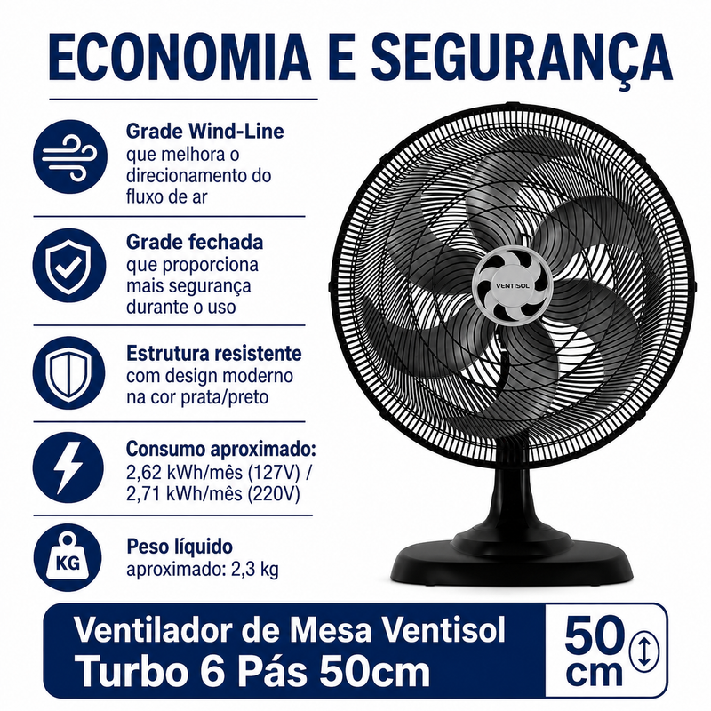 Ventilador de Mesa Turbo 6 Pás 50cm Preto 135W - Ventisol