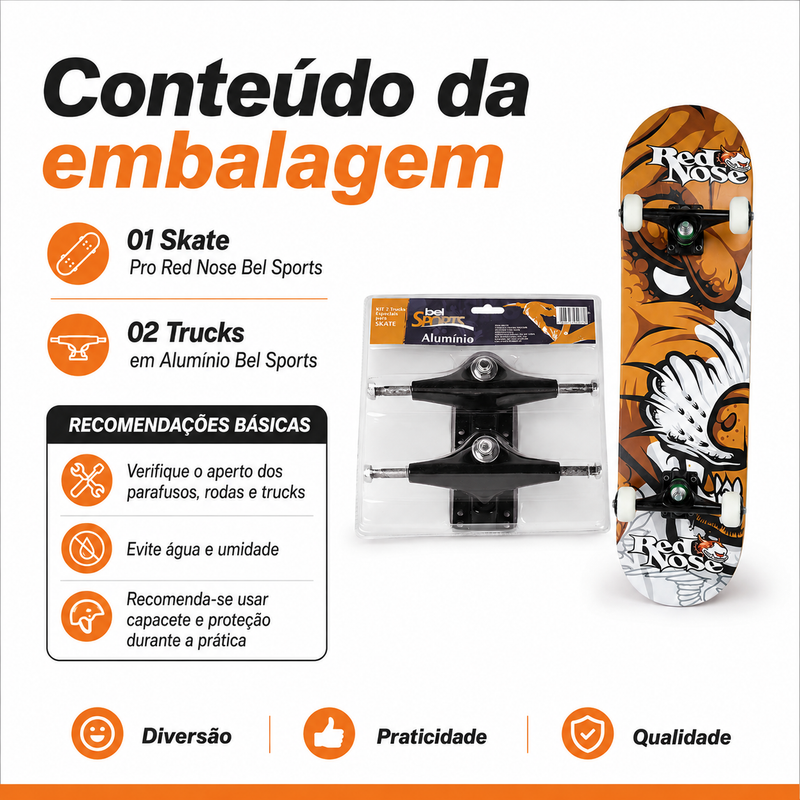 Kit Skate Pro Red Nose  + 2 Trucks em Alumínio - Bel Sports