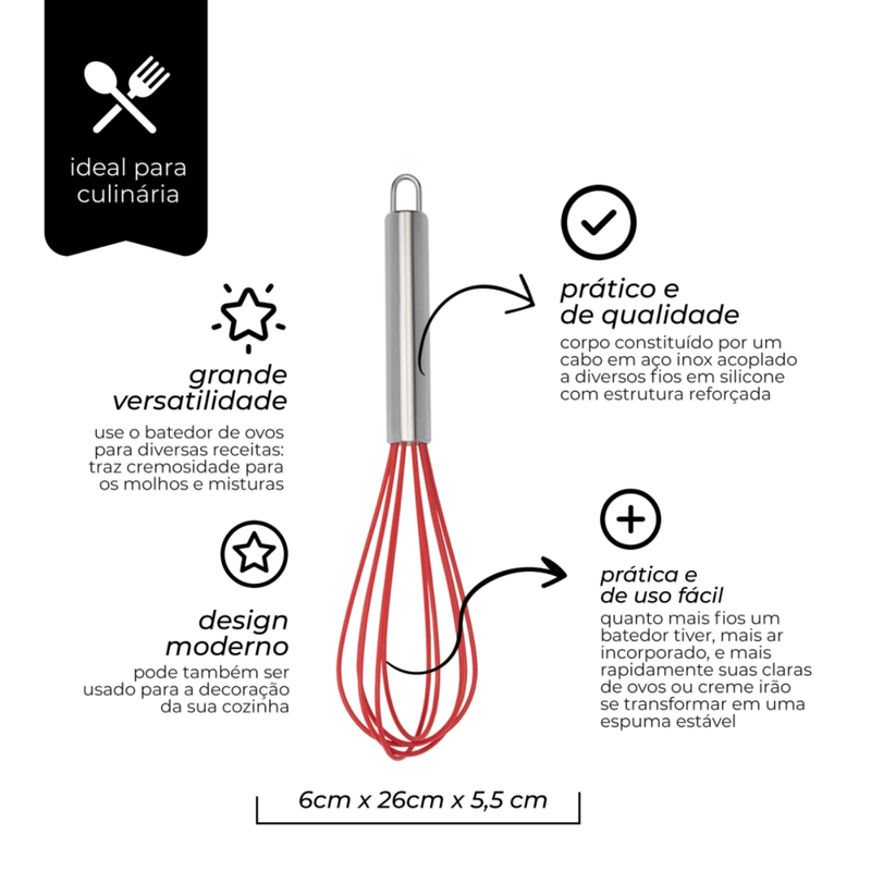 Batedor de Ovos Fouet Vermelho Silicone Inox - Mimo Style