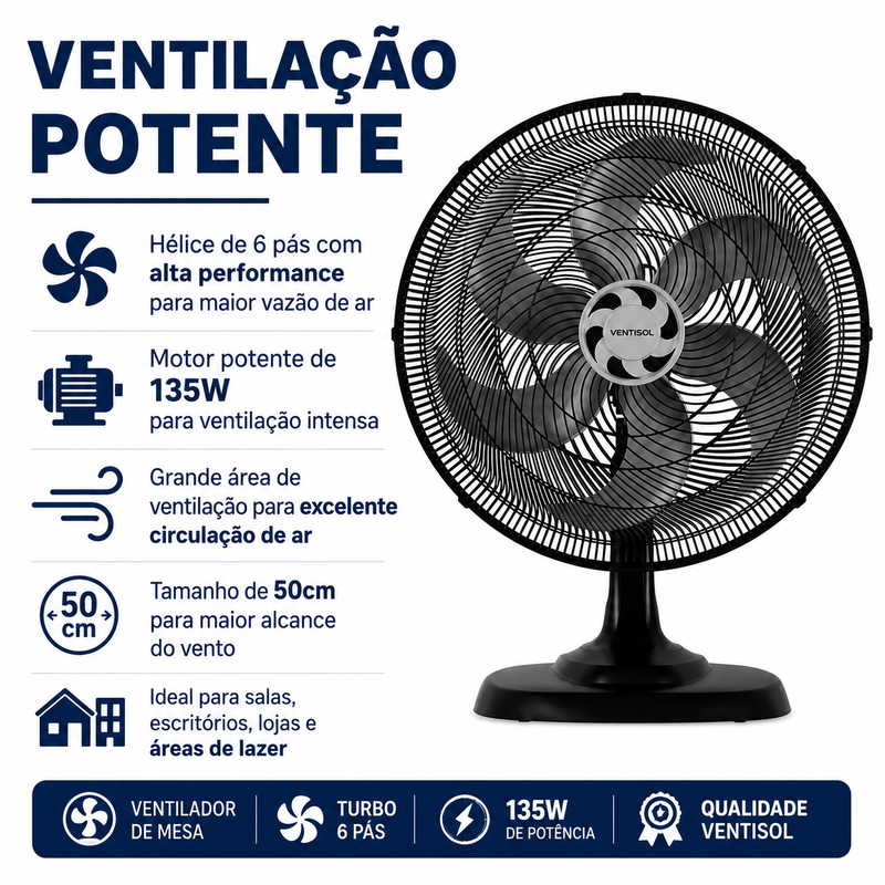 Ventilador de Mesa Turbo 6 Pás 50cm Preto 135W - Ventisol