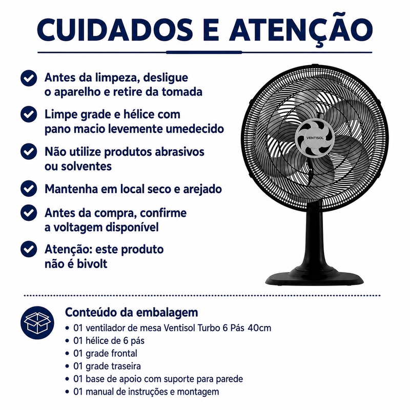Ventilador de Mesa Turbo 6 Pás 40cm Preto 80W - Ventisol