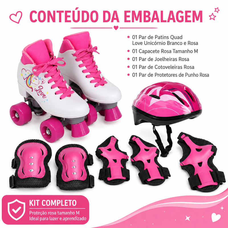 Kit Patins Quad Love Unicornio + Proteção completa Rosa M - Bel Sports