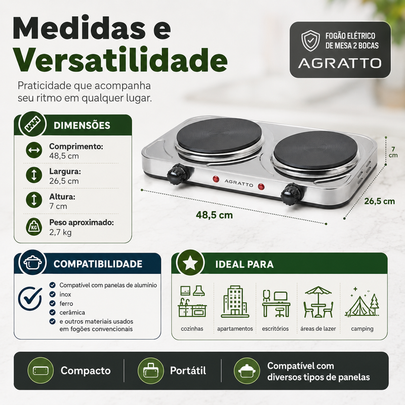 Fogão Elétrico de Mesa 2 Bocas Inox - Agratto