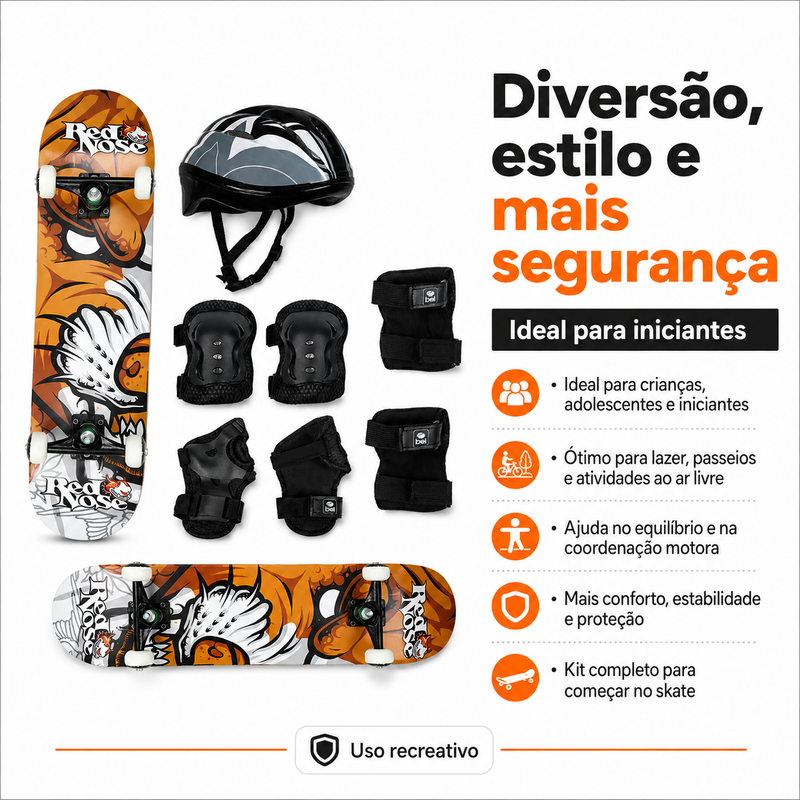 Kit Skate Pro Red Nose + Kit de Proteção Preto Tamanho M - Bel Sports