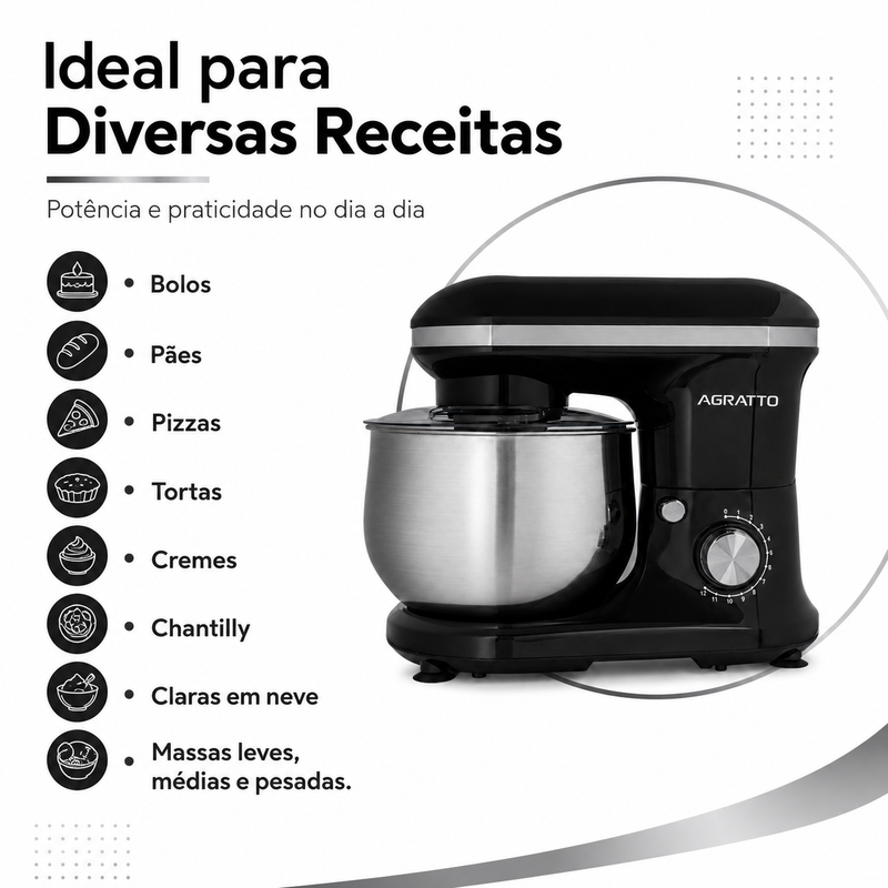 Batedeira Planetária Supremma 5L 700W Preta - Agratto