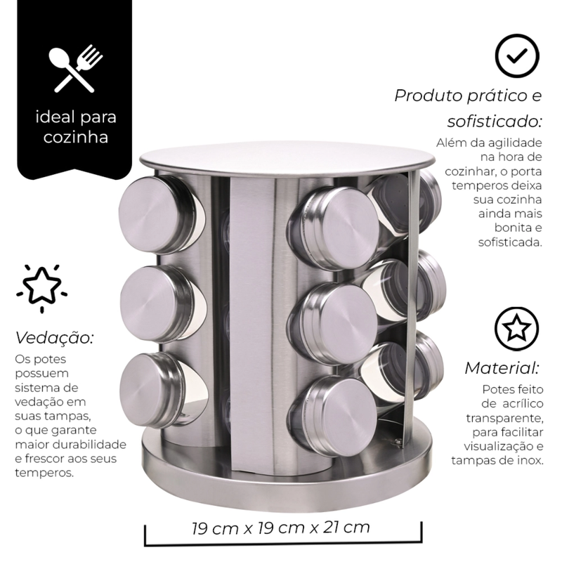 Porta Condimento Giratório Inox 12 pçs - Mimo Style