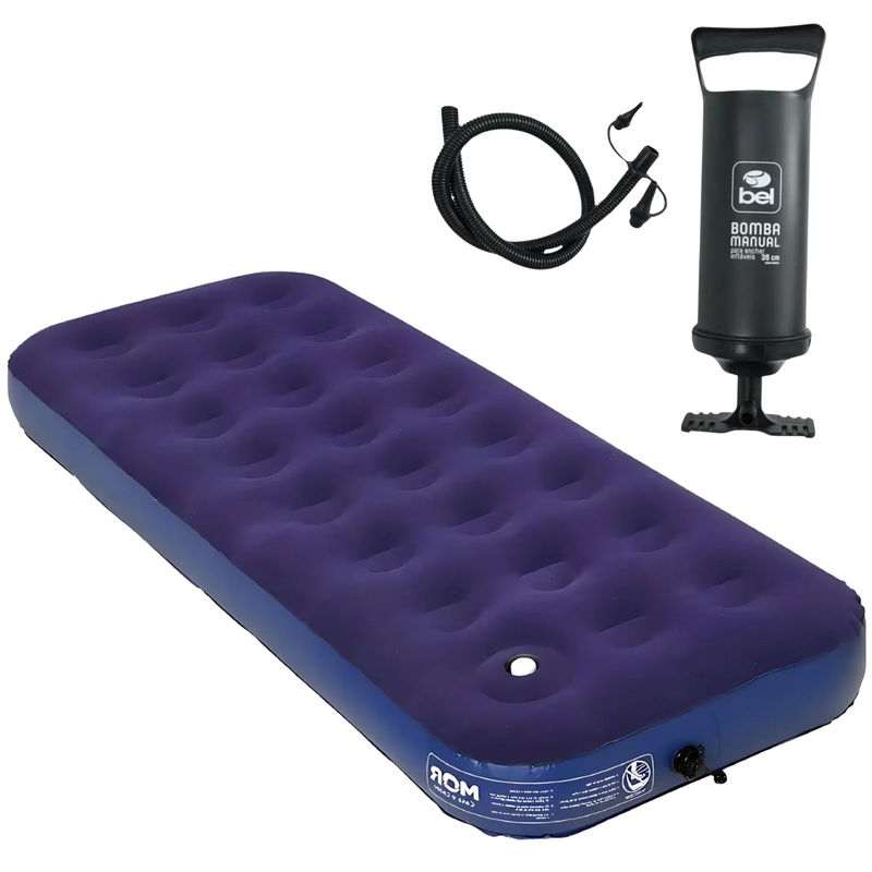 COLCHAO INFLAVEL SOLTEIRO CAMPING + BOMBA DE AR MANUAL 30CM COM 3 BICOS
