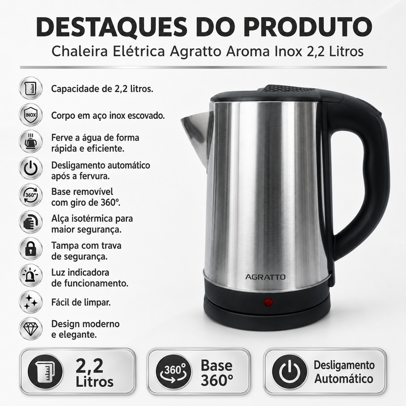 Chaleira Elétrica Aroma Inox 2,2 Litros - Agratto
