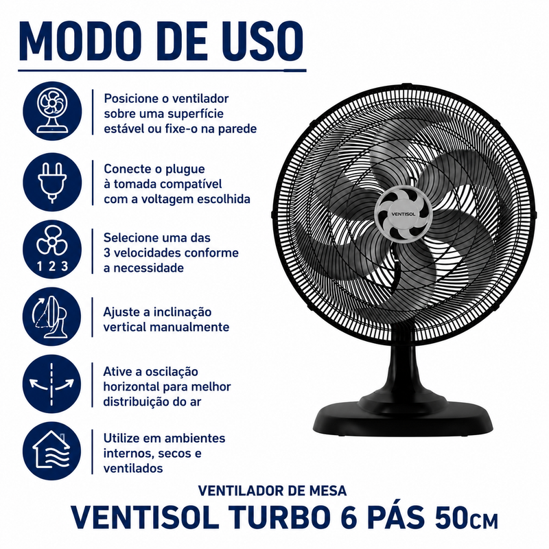 Ventilador de Mesa Turbo 6 Pás 50cm Preto 135W - Ventisol
