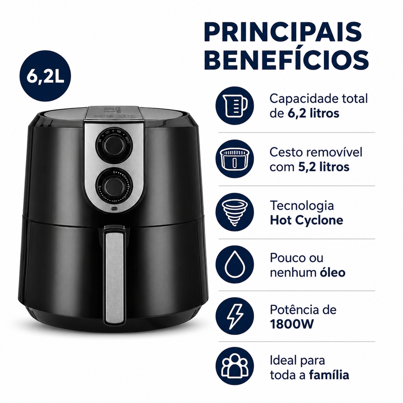 Fritadeira Air Fryer Agratto Supremma 6,2L Preta - Agratto