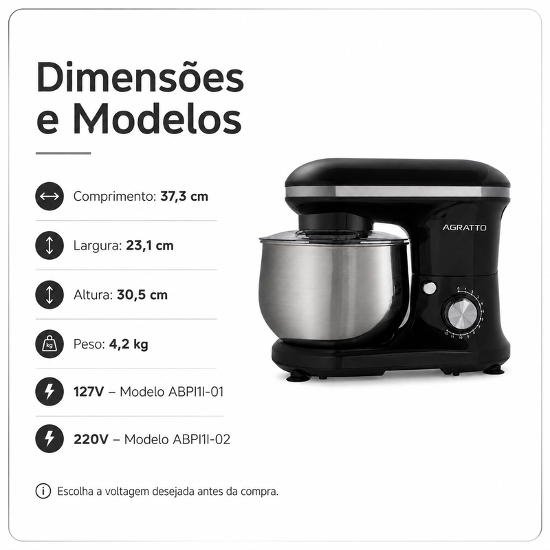 Batedeira Planetária Supremma 5L 700W Preta - Agratto