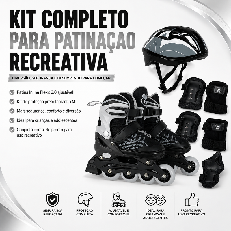 Kit Patins Inline Flexx 3.0 Prata + Proteção Completa Preta M - Bel Sports