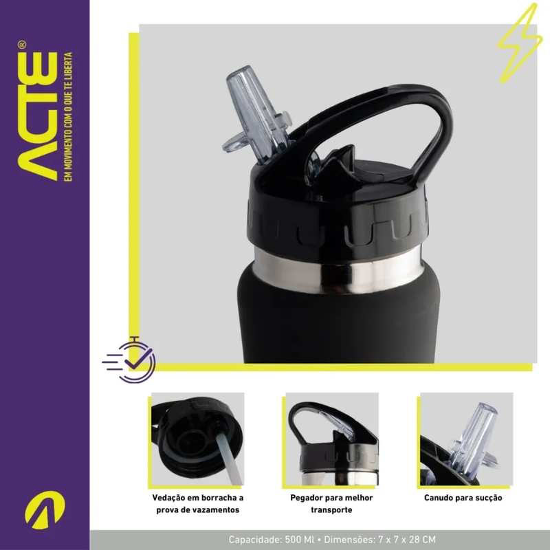 SQUEEZE TERMICO EMBORRACHADO 500ML PRETA