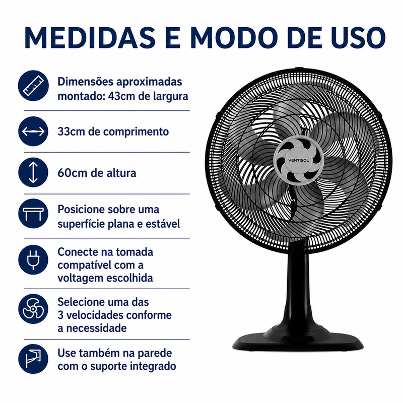 Ventilador de Mesa Turbo 6 Pás 40cm Preto 80W - Ventisol