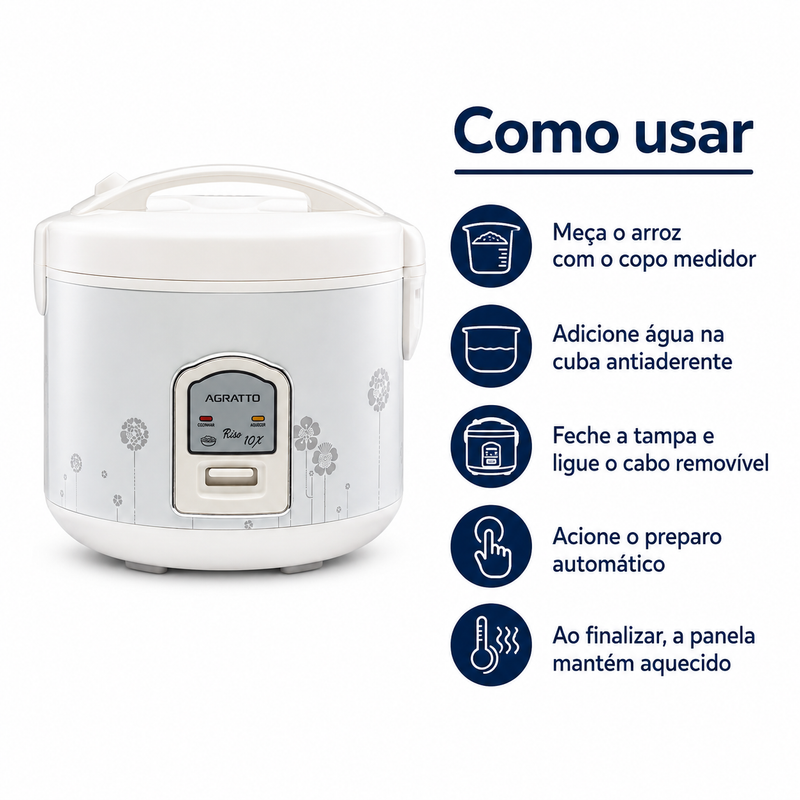 Panela Elétrica de Arroz Riso 10 Xícaras 220V Branca - Agratto